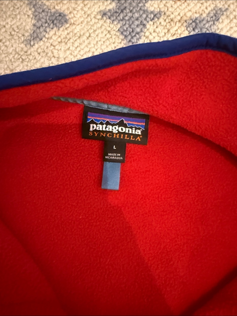 Patagonia Men’s Red Fleece Pullover with Navy Trim - Picture 2 of 4
